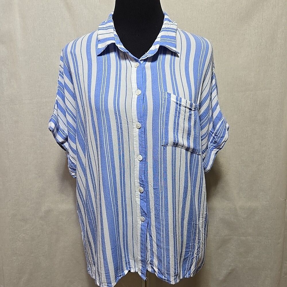 By Together Button Down Shirt Womens Size Large Boxy Fit Stripe Beachy Boho Blue